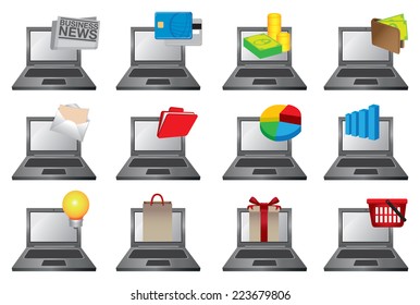 Vector illustration of laptop computers with colorful icons of different softwares and applications for personal, business and commerce