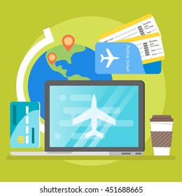 Vector illustration of laptop. Concept of book online tickets.