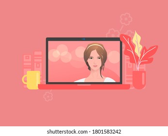 Vector illustration of laptop and desk materials. Movie video entertainment concept.