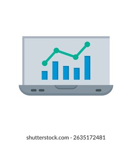 Vector illustration of a laptop displaying a graph and bar chart, representing data analysis, business growth, and financial performance.  technology, and marketing related