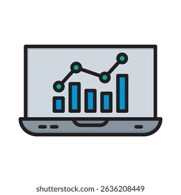 Vector illustration of a laptop displaying a graph and bar chart, representing data analysis, business growth, and financial performance.  technology, and marketing related