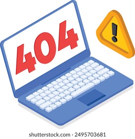 Vector illustration of a laptop displaying a large '404' error message in red, accompanied by a yellow warning sign with an exclamation mark.