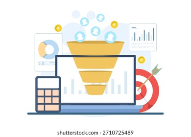 Ilustración vectorial de un portátil que muestra análisis de embudo de generación de clientes potenciales, con información de datos, gráficos de perfiles de usuario e íconos de destino para un rendimiento empresarial y conversiones eficientes.