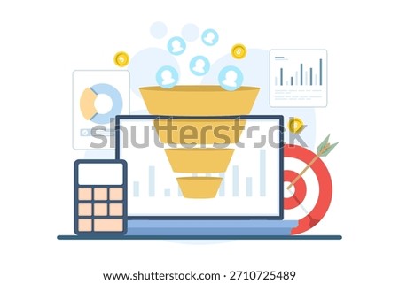 Vector illustration of a laptop displaying lead generation funnel analytics, complete with data insights, user profile charts, and target icons for efficient business performance and conversions.
