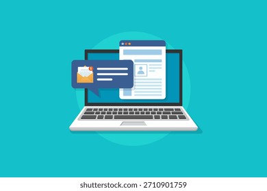 Ilustración vectorial de la computadora portátil con notificación por correo electrónico y documento en pantalla, concepto moderno de oficina digital.