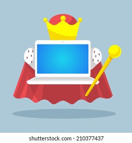 vector illustration laptop emperor with a scepter and a crown on a grey background to advertise banner print