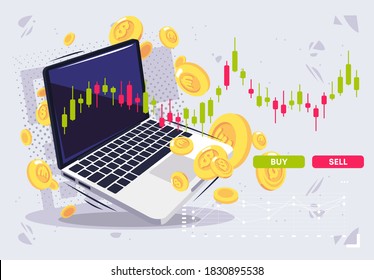 Vector illustration of a laptop with an exchange chart of sales and purchases of financial assets with gold coins of world currencies, trading, stock market, trading on the financial exchange