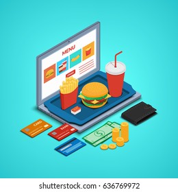 Vector illustration. Laptop with fast food order icons, tray with burger, drink and french fries on the keyboard. Money, wallet and bank cards. Isometry, 3D. Concept online restaurant.