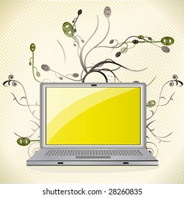 Vector illustration of laptop with floral elements.