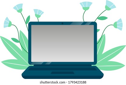 Vector illustration. Laptop and flowers. Isolated on a white background.