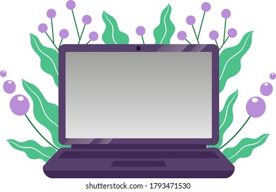 Vector illustration. Laptop and flowers. Isolated on a white background.