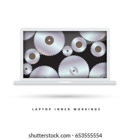 Vector illustration of laptop gear screen computing concept design element.