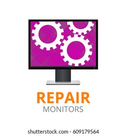 Vector illustration of a laptop with gear wheel. Computer repair, computer service, diagnostics concepts. Digital Computer Logo Template