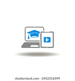 Ilustración vectorial Video Botón de portátil con tapa de graduación y tablet pc con play Icono de EdTech. Símbolo de e-learning.
