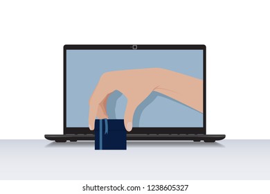 Vector illustration. A laptop with a hand sending a purchase made over the 
Internet. Concept of online purchase, receipt of goods, isolated on white background