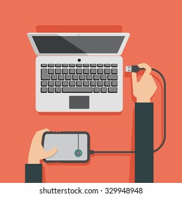 Vector illustration of laptop and hands attaching external memory to laptop