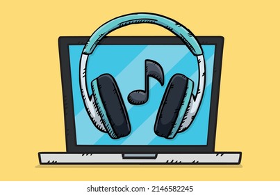 Ilustración vectorial de un portátil con auriculares e icono de nota en pantalla. Dibujar ilustración de estilo.