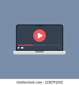 Vector illustration of laptop icon with video, video start button, video site.