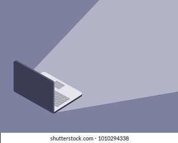Vector illustration of laptop with light emitting from the screen with copy space for text.