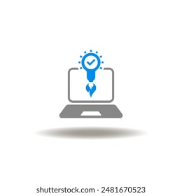 Vector illustration of laptop and lightbulb spaceship with check mark. Icon of MVP Minimum Viable Product. Symbol of digital electronic startup.