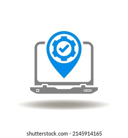 Vector illustration of laptop with location pointer and gear with check mark. Icon of house remote web work. Symbol of inhouse, freelance, outsource.