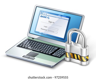 Vector illustration of laptop with lock on white background.