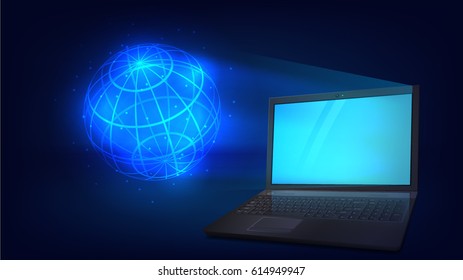 Vector illustration with a laptop and a luminous sphere