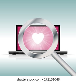 Vector illustration of laptop with a magnifier looking for love.