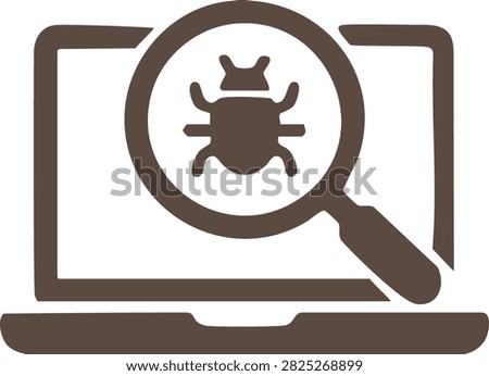 A vector illustration of a laptop with a magnifying glass scanning for bugs, malware, or viruses