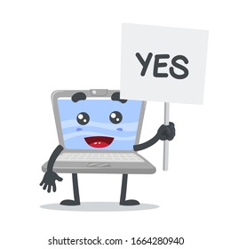 vector illustration of laptop mascot or character holding sign says yes