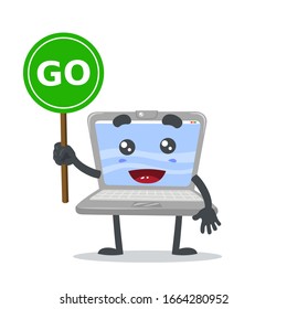 ilustración vectorial de la mascota de la laptop o el signo de retención de caracteres dice go