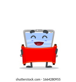vector illustration of laptop mascot or character holding red scroll