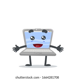 vector illustration of laptop mascot or character smiling and open hand