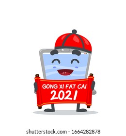 vector illustration of laptop mascot or character holding scroll says chinese happy new year 2021