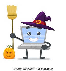 vector illustration of laptop mascot or character wearing witch costume and holding broom