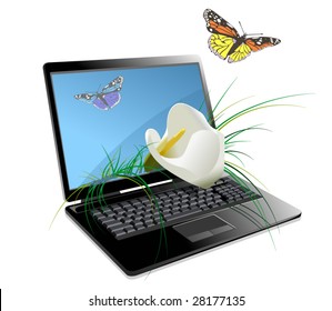 Ilustración vectorial de la laptop y la naturaleza.