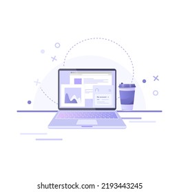 Vector illustration of laptop or notebook and cup of coffee on abstract background. Office work, education, coffee to go, concept for banner, website, social media, app, flyer and stickers