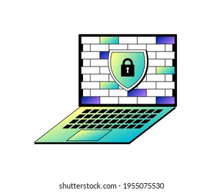 Vector illustration of laptop or notebook with safety or good privacy, firewall, antivirus, password.
