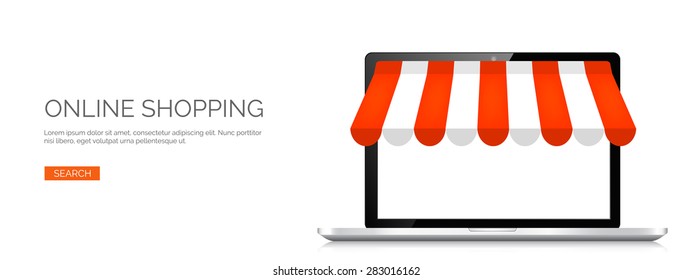 Vector illustration. Laptop. Online store, internet shopping. Web deals and currency.
