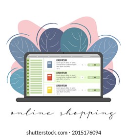 Ilustración vectorial con portátil y sitio de entrega abierto. Comercio en línea. Compras en línea. Pedir productos y cosas por Internet en una pandemia. Aislado sobre fondo blanco.