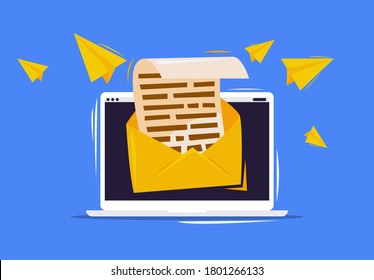 Vektorgrafik eines Laptops mit einem offenen Brief mit einem Dokument im Inneren, Senden einer E-Mail von einem Laptop, fliegende Papierflugzeuge