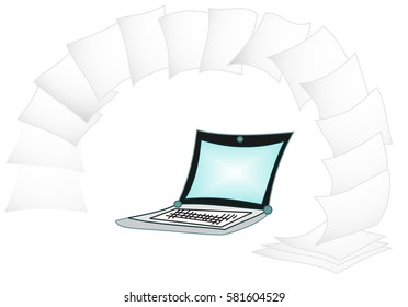 Vector illustration of laptop and papers are around as a frame