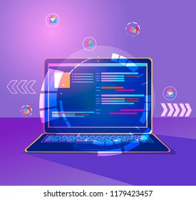 Vector illustration. Laptop, pc with vector ecommerce symbols. Business background for ecommerce online shopping on laptop and payment to sell goods and pay for bill.