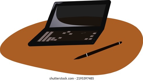 ilustración vectorial de una laptop y una pluma en negro con una base naranja a marrón adecuada para una ilustración de escritorio