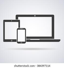 vector illustration laptop, phone, tablet silhouettes,outlines  on a white background,with empty white screen,EPS10