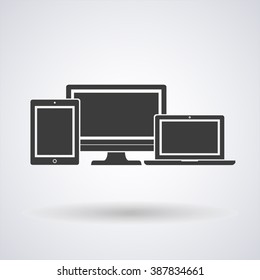 Vector illustration. Laptop, phone, tablet silhouettes. outlines on a white background with empty white screen. EPS10