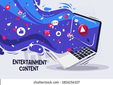 Vector illustration of a laptop with a red button of a video or music player, social network icons on the wave, entertainment content on the Internet