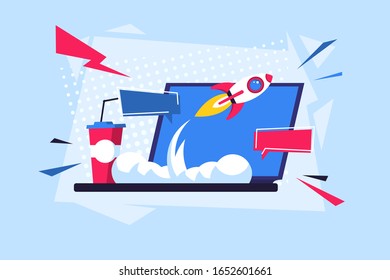 Ilustración vectorial de un portátil con un cohete que sale del monitor, concepto de inicio