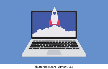 Vektorgrafik von Laptop mit Raketenstart in flachem Design. Symbol für Technologieunternehmen