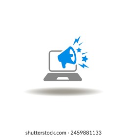 Vector illustration of laptop and screaming megaphone. Icon of online presence. Symbol of web promotion.